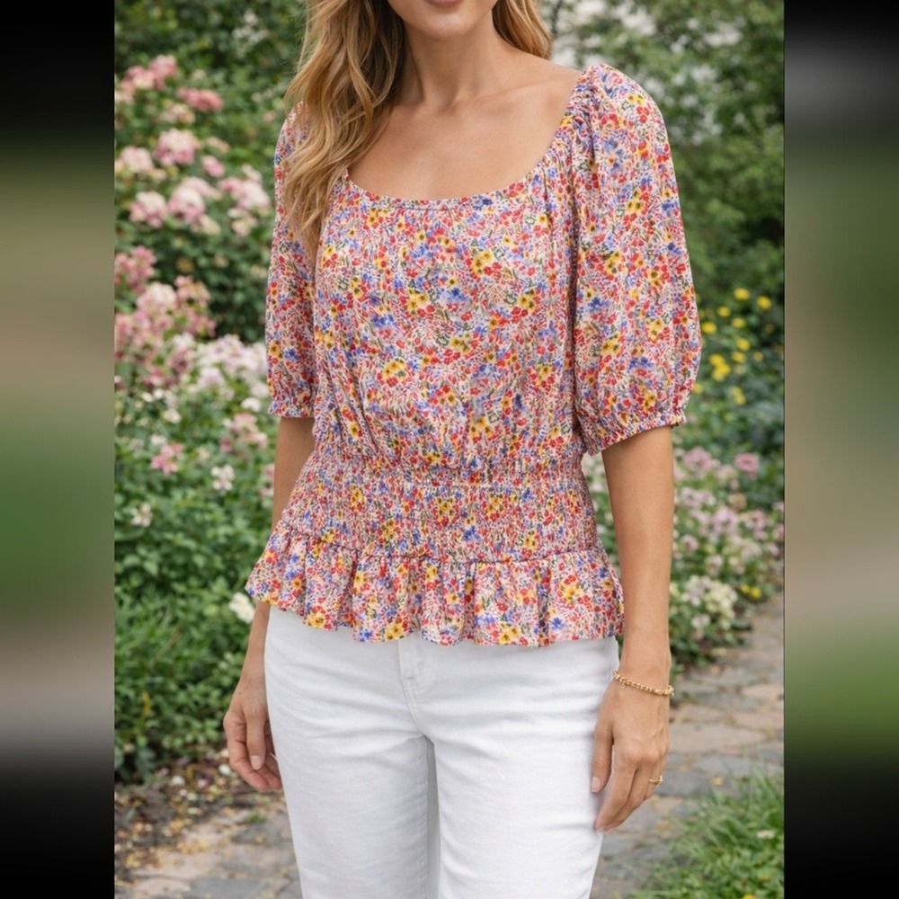 LOFT Multicolor Floral Smocked Peplum Top